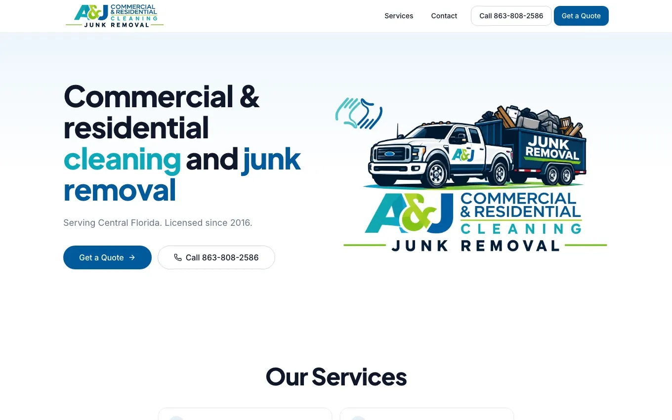 Home page of ajcleaningandremoval.com: the headline beside the full logo with the truck, and the start of the services list