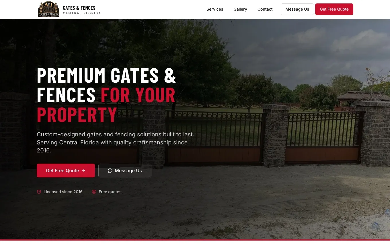 Home page of ajgatesandfences.com: the hero over a photo of a brick and iron driveway gate, with the quote and message buttons