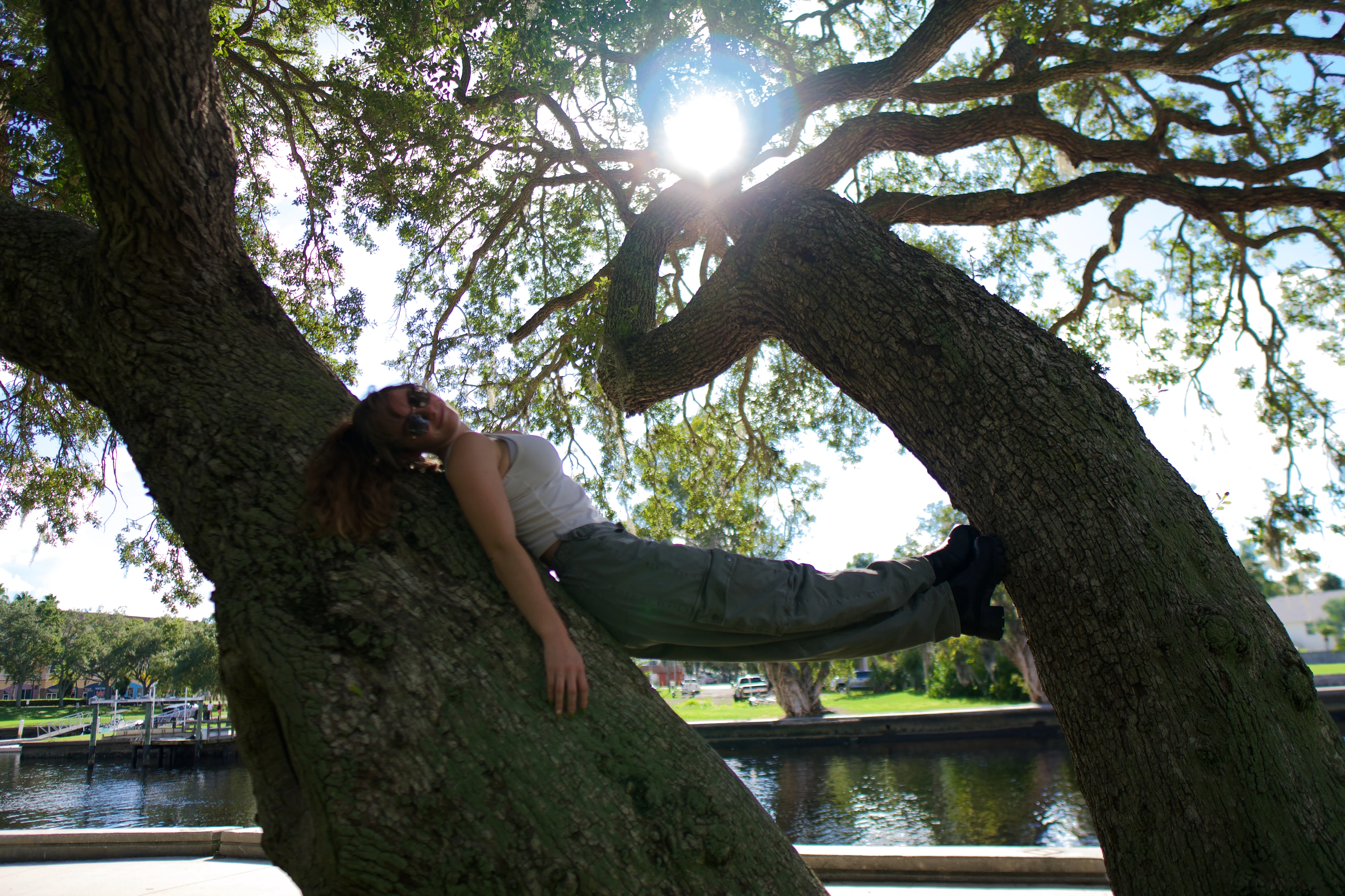 A woman lying along a low oak branch, waterway visible below