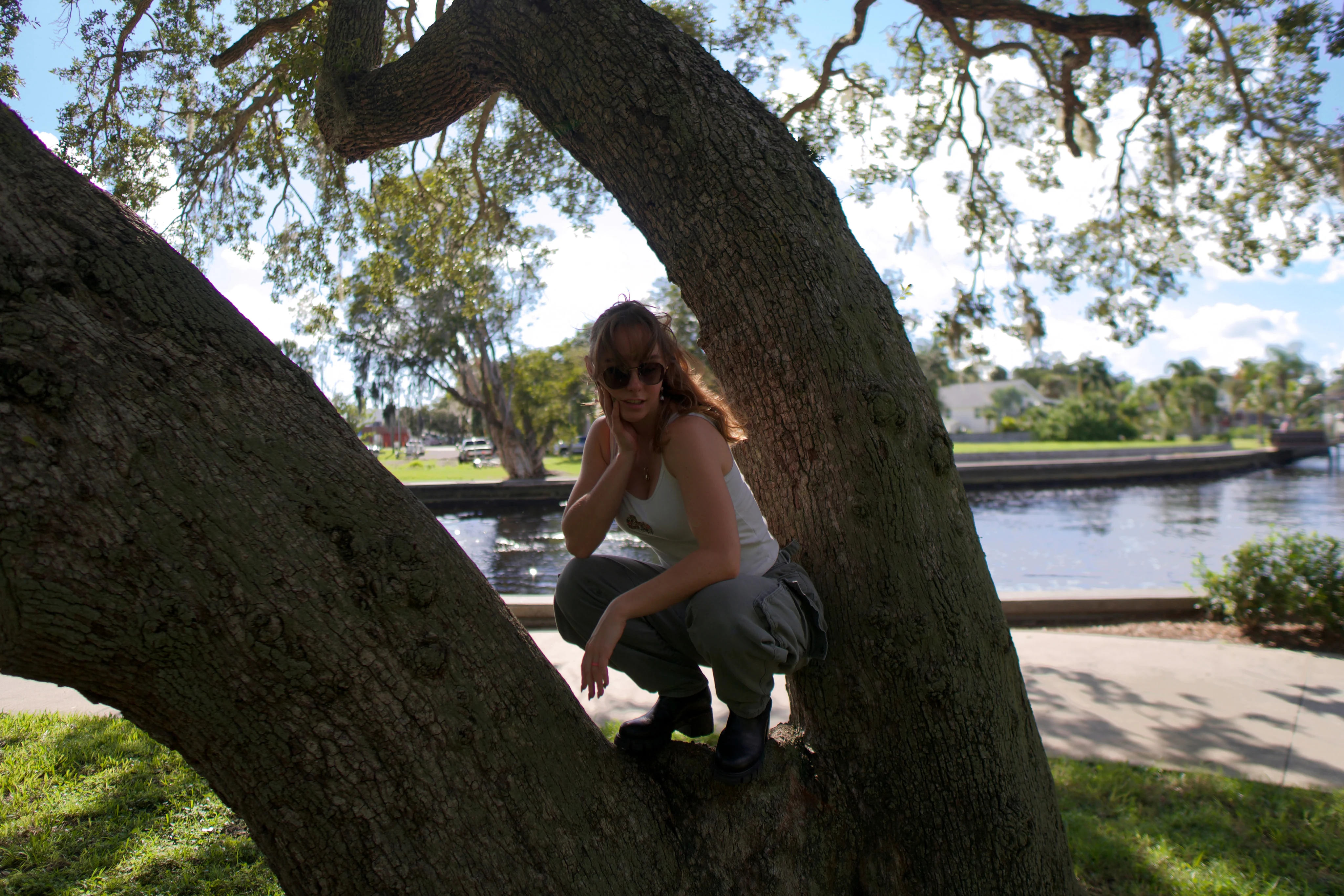 A woman crouched under a live oak, buildings across the water in the distance